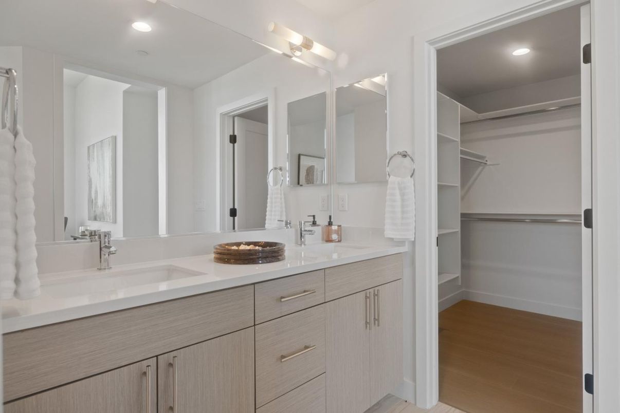 Bathroom, Dual Sink Vanities, Interior, Recessed Lighting, Walk-in Closets, Wood Texture Flooring