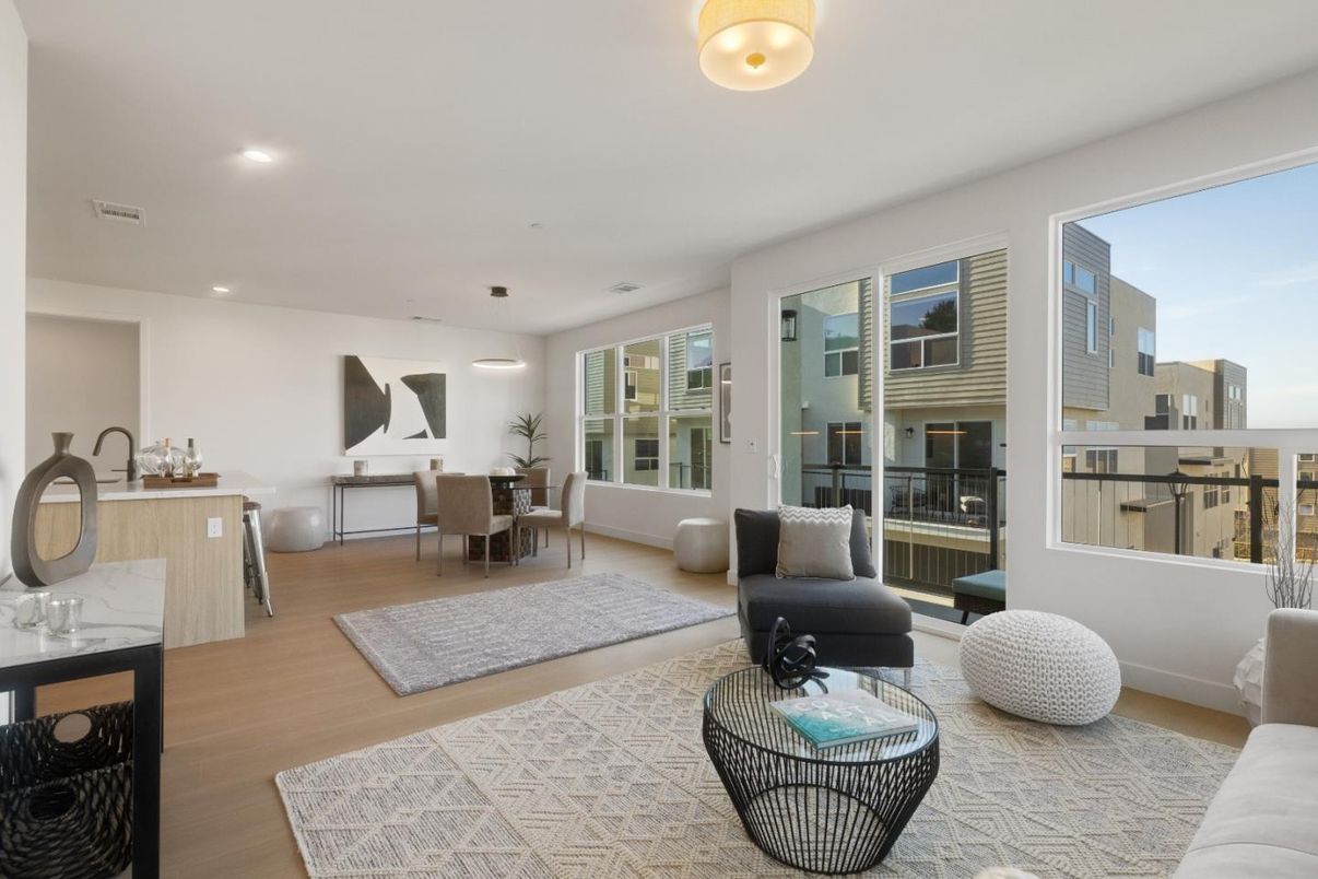 Dining room, Interior, Living room, Pendant Lights, Recessed Lighting, Wood Texture Flooring