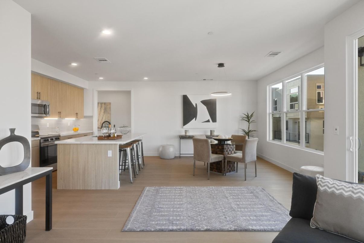 Dining room, Interior, Kitchen, Pendant Lights, Recessed Lighting, Wood Texture Flooring