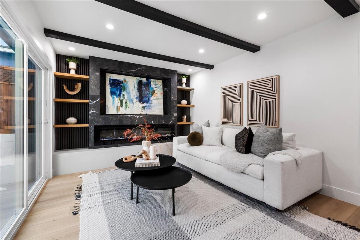 Fireplace, Interior, Living room, Recessed Lighting, Wooden Beams, Wood Texture Flooring