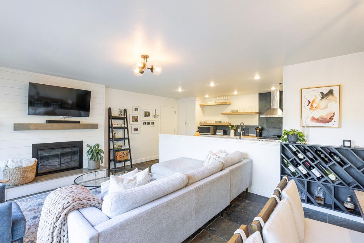 Fireplace, Interior, Kitchen, Living room, Recessed Lighting