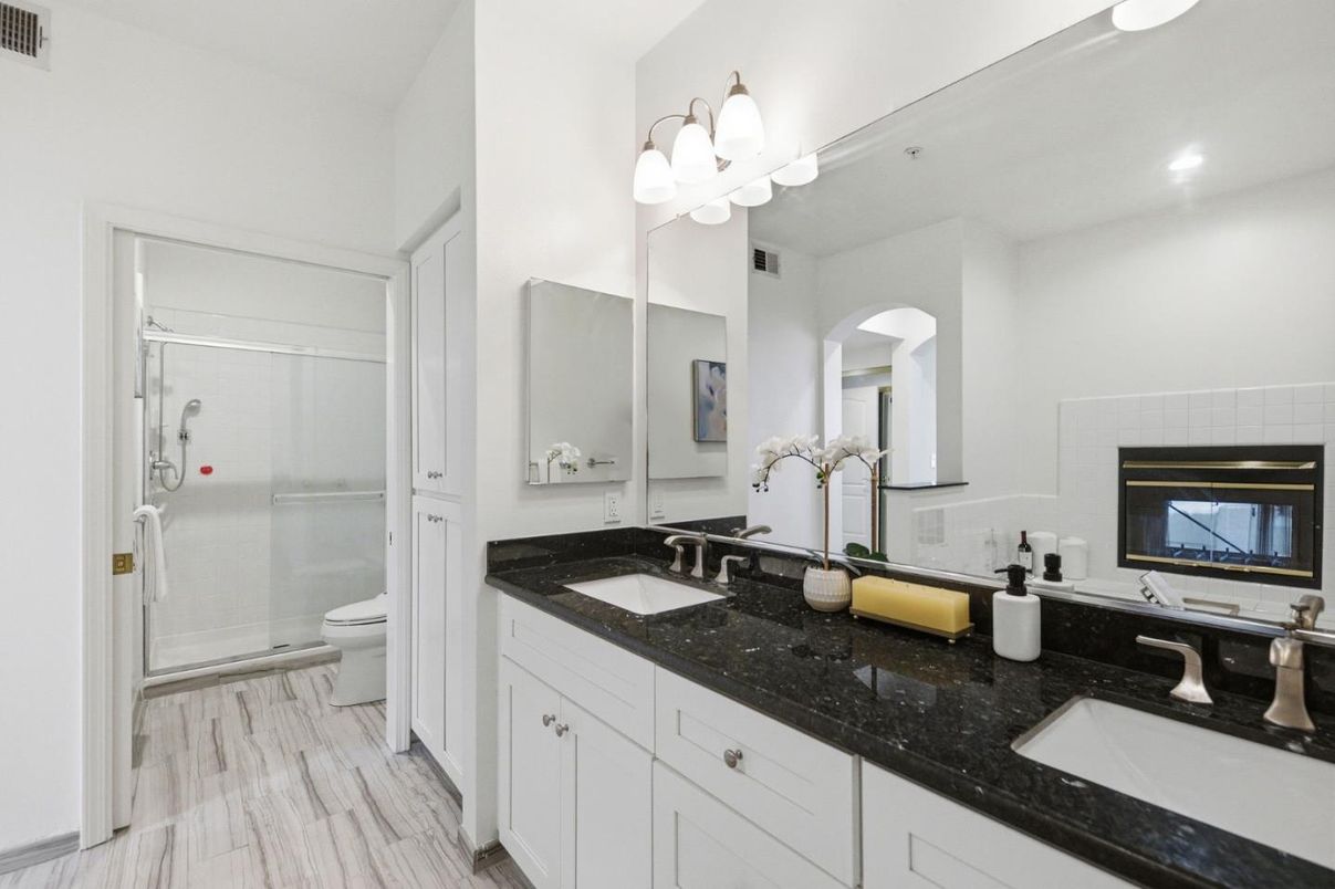 Bathroom, Dual Sink Vanities, Glass Shower, Interior, Marble, Recessed Lighting