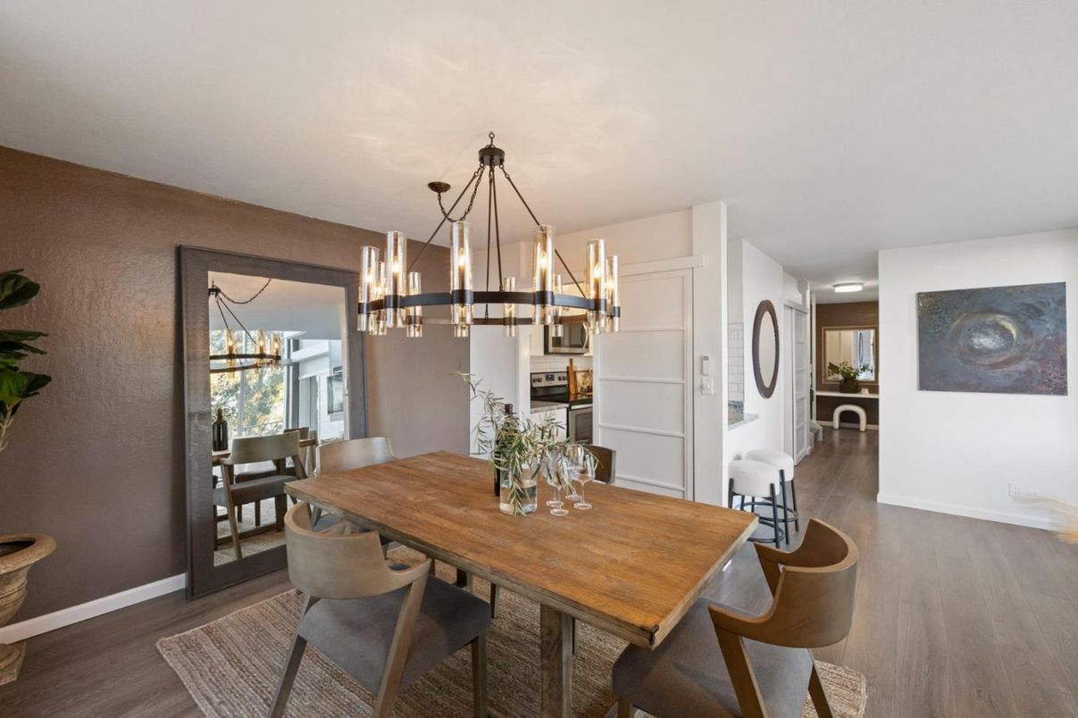 Dining room, Interior, Pendant Lights, Wood Texture Flooring