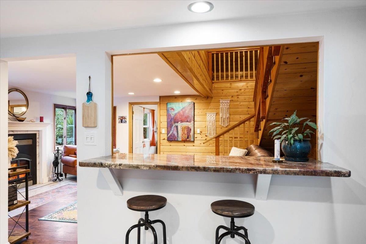 Fireplace, Interior, Recessed Lighting, Wood Texture Flooring, Wooden Walls