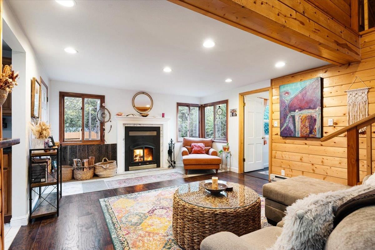 Fireplace, Interior, Living room, Recessed Lighting, Wooden Beams, Wood Texture Flooring, Wooden Walls