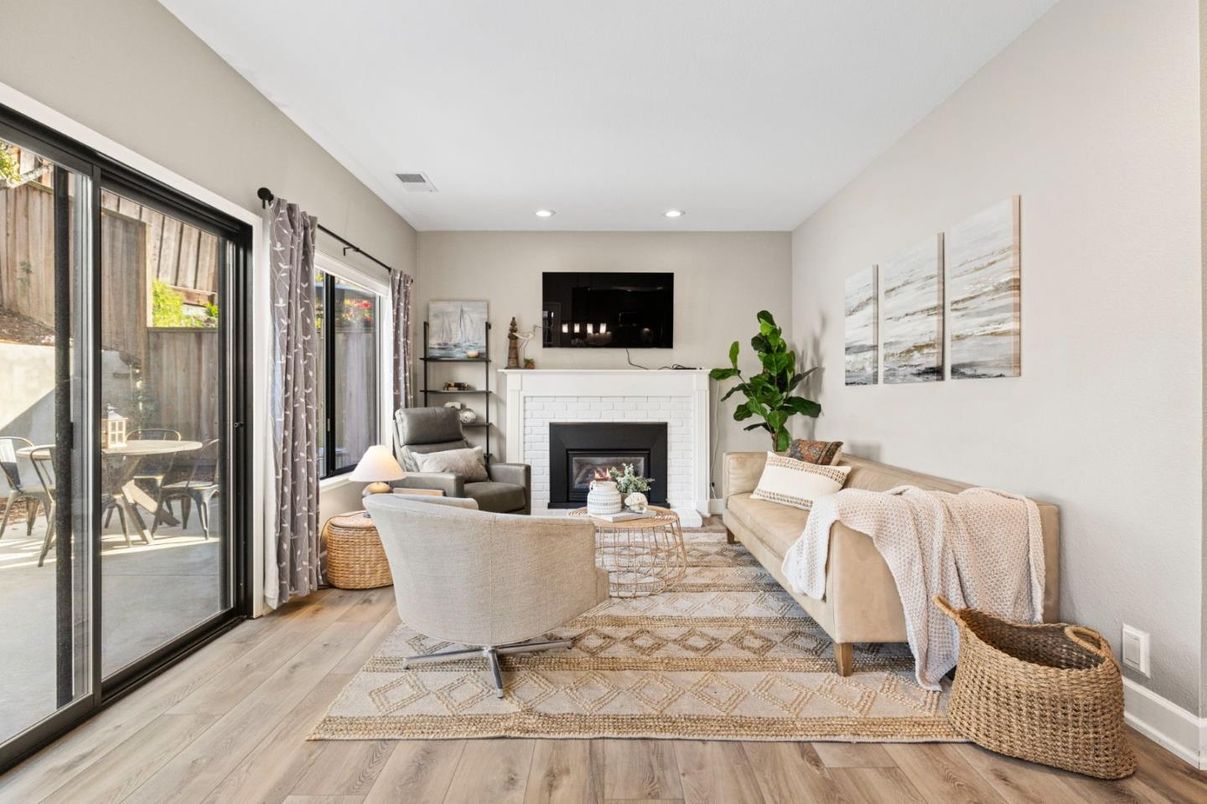 Fireplace, Interior, Living room, Recessed Lighting, Wood Texture Flooring