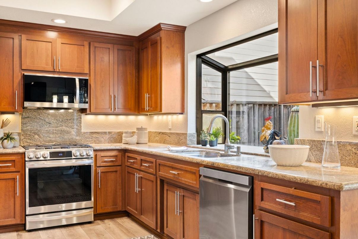 Interior, Kitchen, Recessed Lighting, Stainless Steel Appliances, Wood Texture Flooring