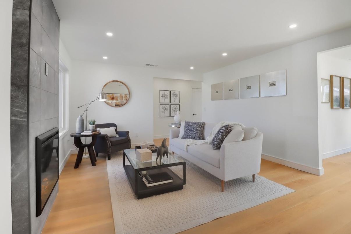 Fireplace, Interior, Living room, Recessed Lighting, Wood Texture Flooring