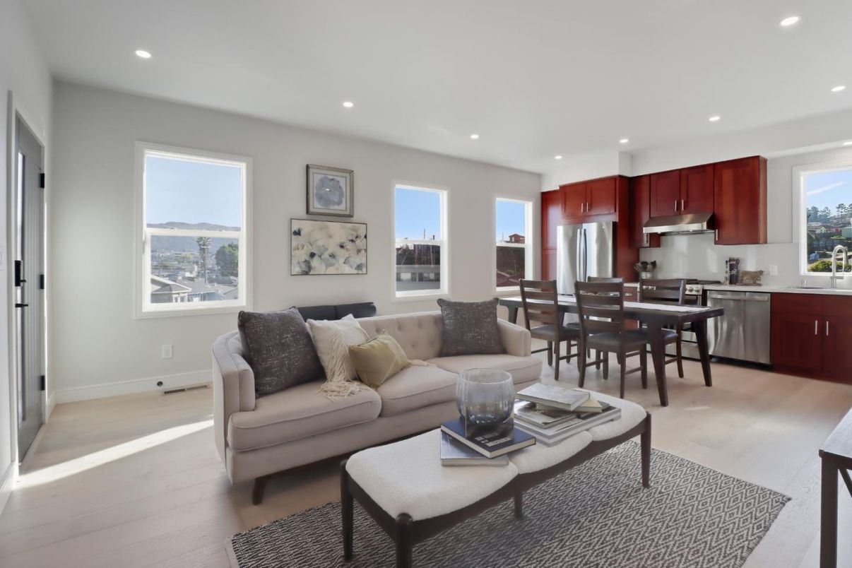 Dining room, Interior, Kitchen, Living room, Recessed Lighting, Stainless Steel Appliances, Wood Texture Flooring