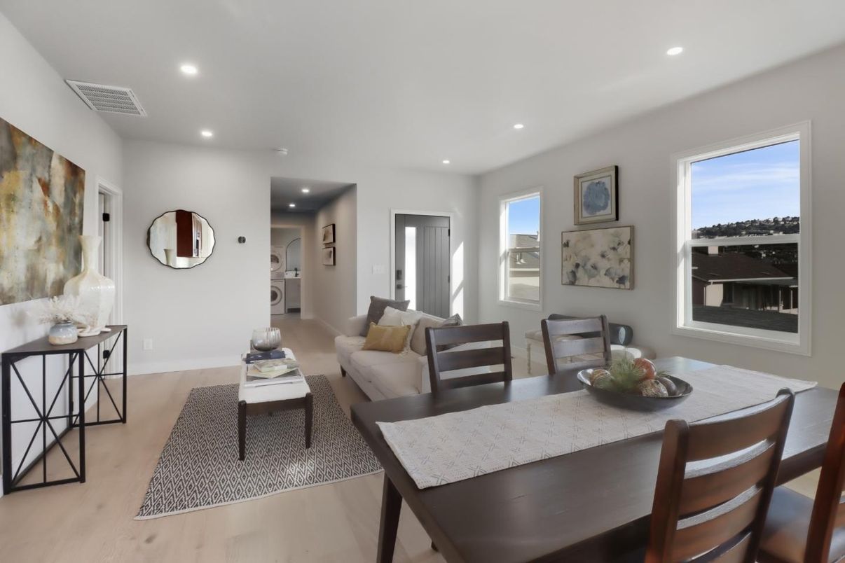 Dining room, Interior, Living room, Recessed Lighting, Wood Texture Flooring