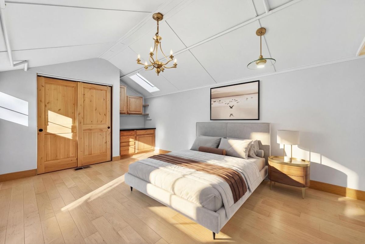 Bedroom, Interior, Pendant Lights, Wood Texture Flooring
