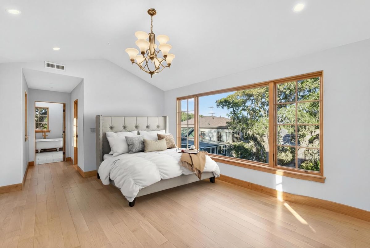 Bedroom, Chandelier, Interior, Recessed Lighting, Wood Texture Flooring