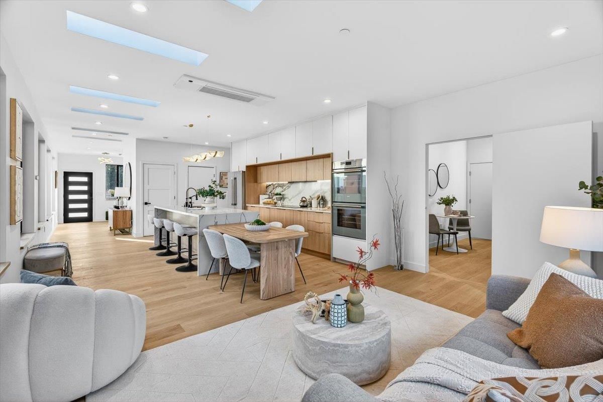 Dining room, Interior, Kitchen, Living room, Pendant Lights, Recessed Lighting, Stainless Steel Appliances, Wood Texture Flooring