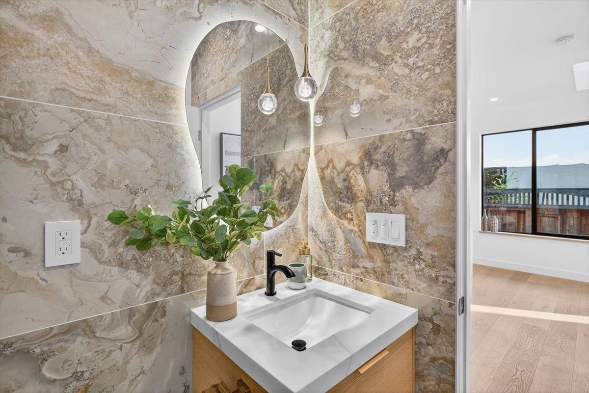Bathroom, Interior, Marble Walls, Wood Texture Flooring