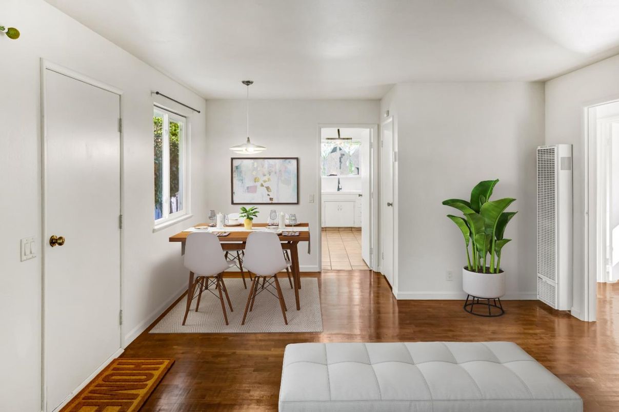 Dining room, Interior, Pendant Lights, Wood Texture Flooring