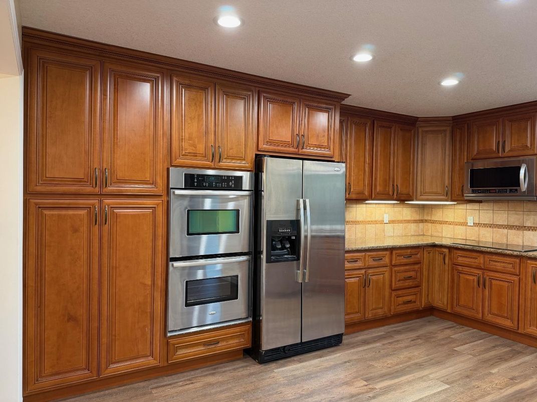 Interior, Kitchen, Recessed Lighting, Stainless Steel Appliances, Wood Texture Flooring