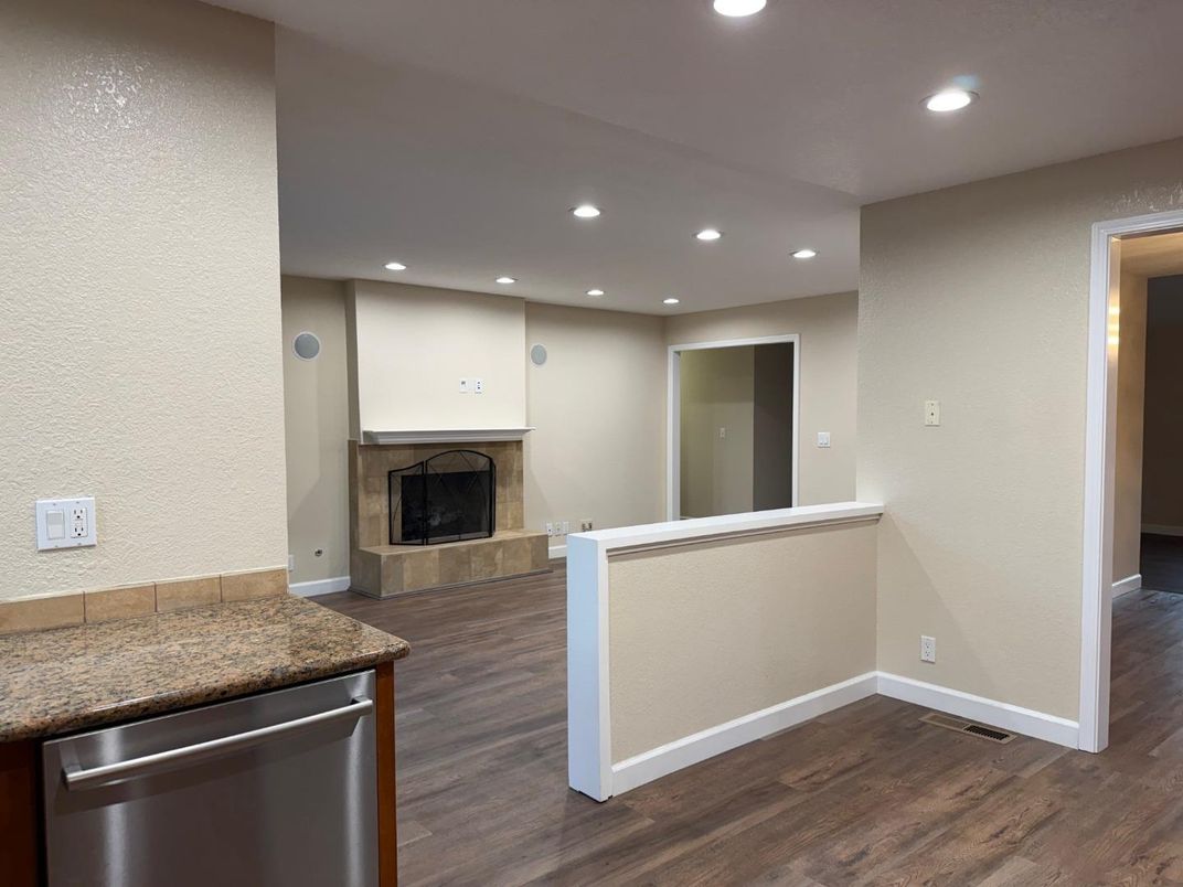 Fireplace, Interior, Recessed Lighting, Wood Texture Flooring