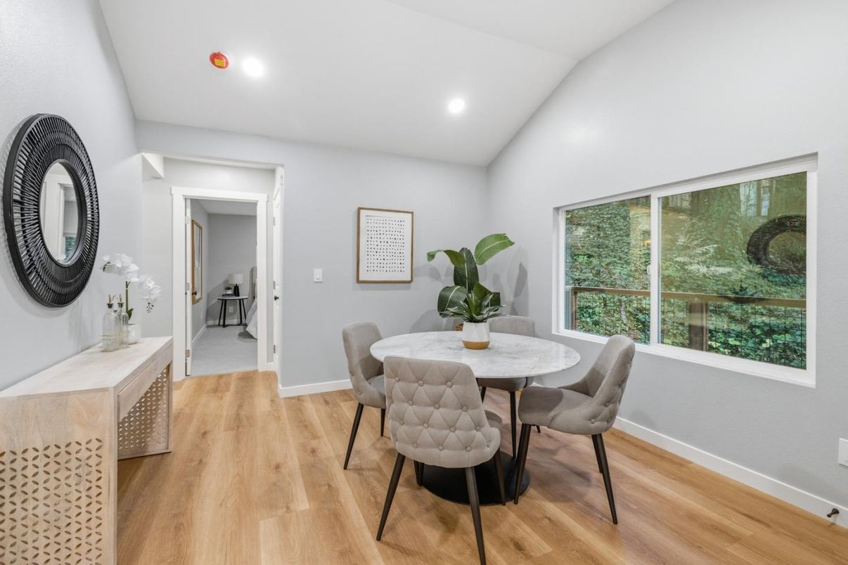 Dining room, Interior, Recessed Lighting, Wood Texture Flooring
