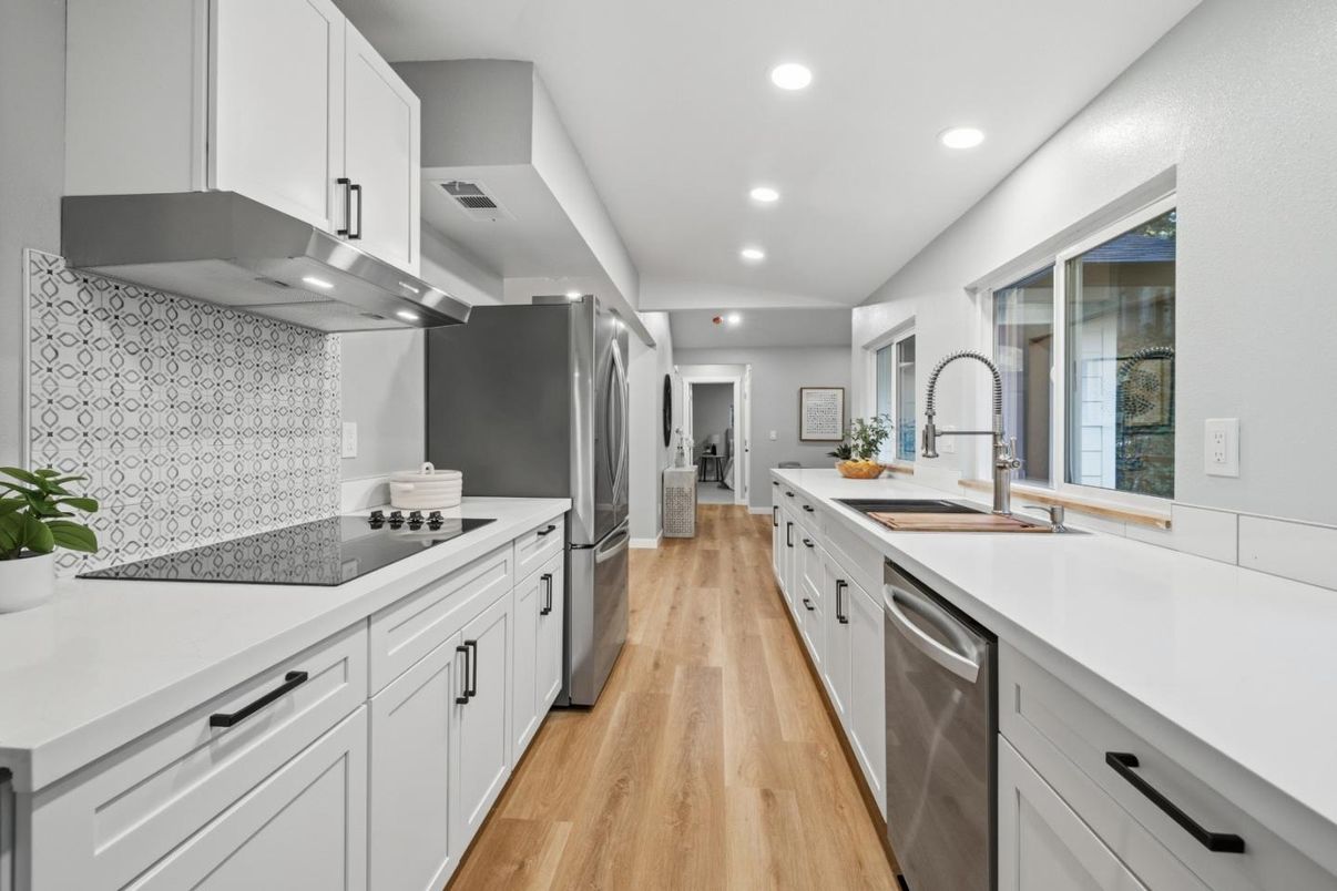 Interior, Kitchen, Recessed Lighting, Stainless Steel Appliances, Wood Texture Flooring