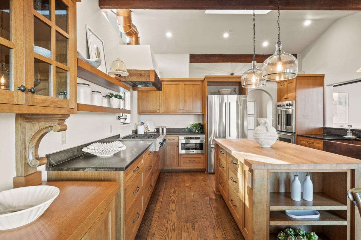 Interior, Kitchen, Pendant Lights, Recessed Lighting, Stainless Steel Appliances, Wood Texture Flooring