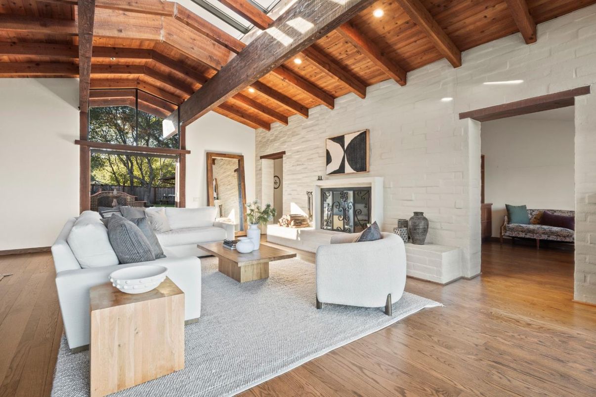 Fireplace, Interior, Living room, Recessed Lighting, Stone Walls, Wooden Beams, Wooden Ceilings, Wood Texture Flooring