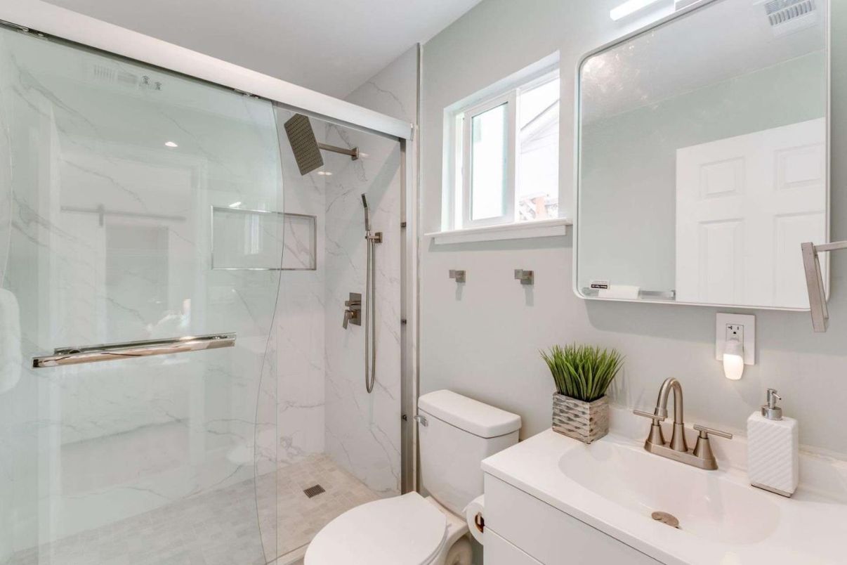 Bathroom, Glass Shower, Interior, Marble Walls, Recessed Lighting