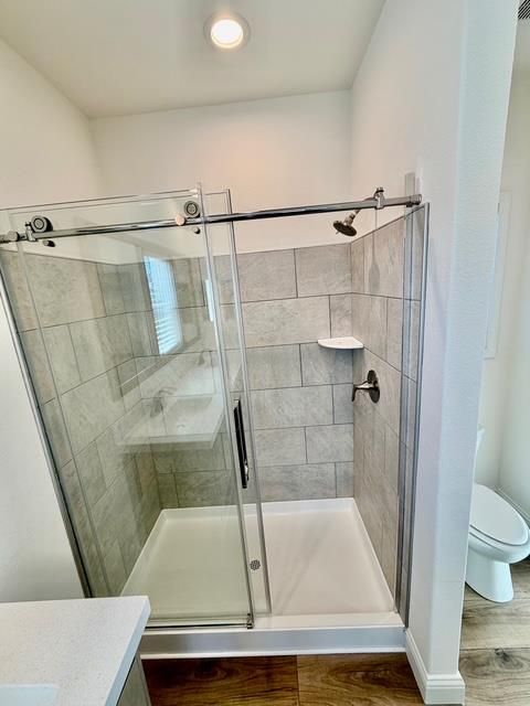 Bathroom, Glass Shower, Interior, Recessed Lighting, Wood Texture Flooring