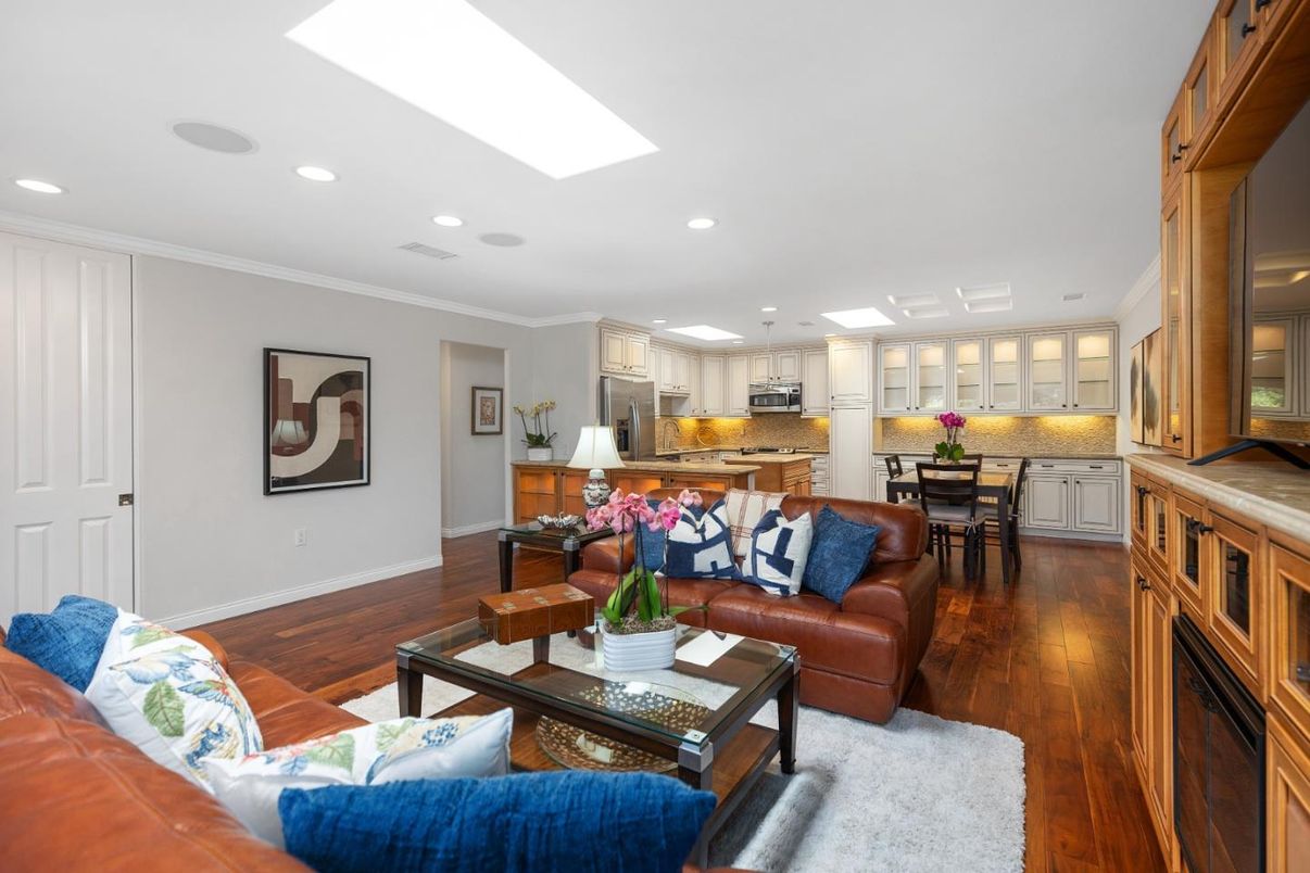 Dining room, Interior, Kitchen, Living room, Recessed Lighting, Stainless Steel Appliances, Wood Texture Flooring
