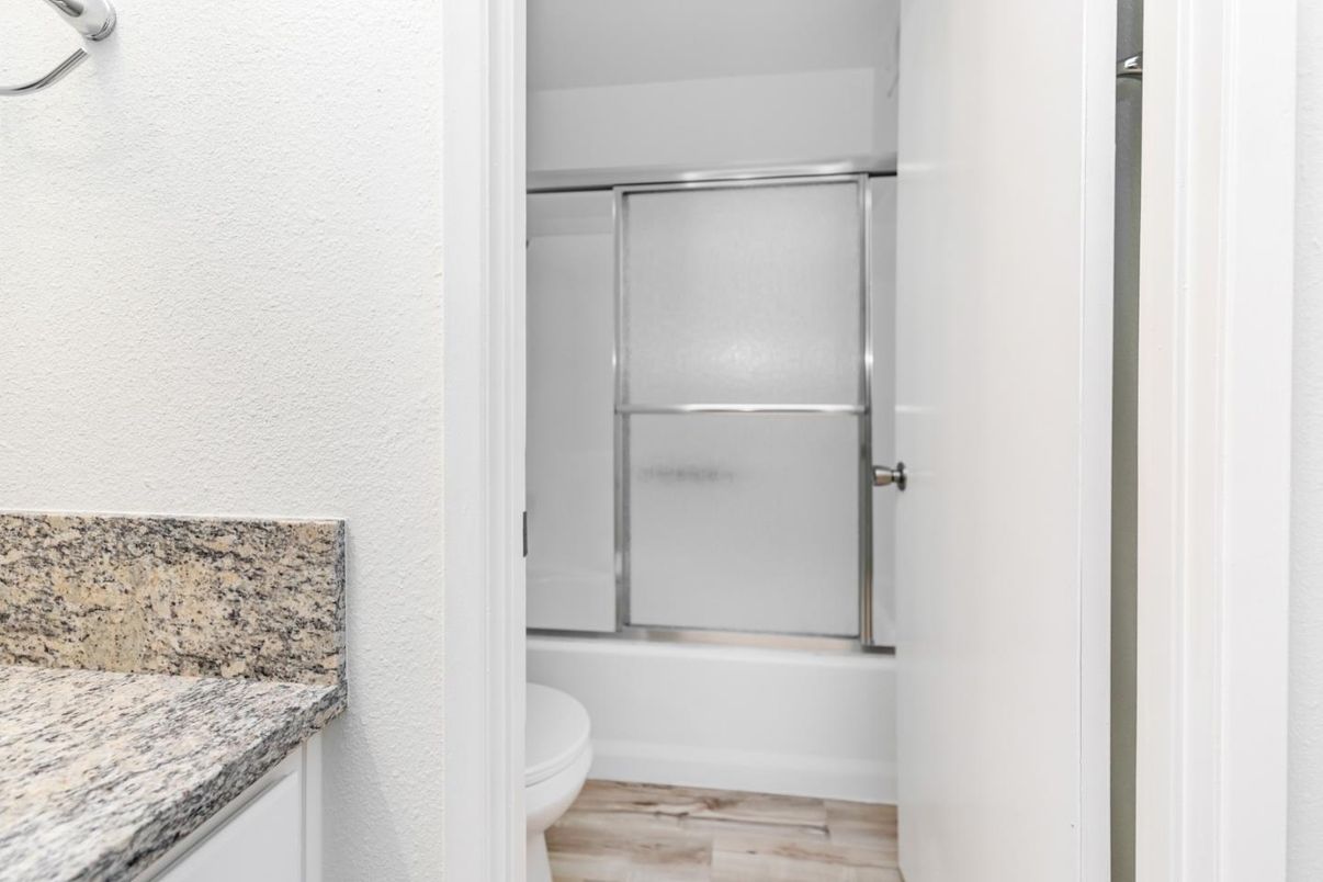 Bathroom, Glass Shower, Interior, Wood Texture Flooring