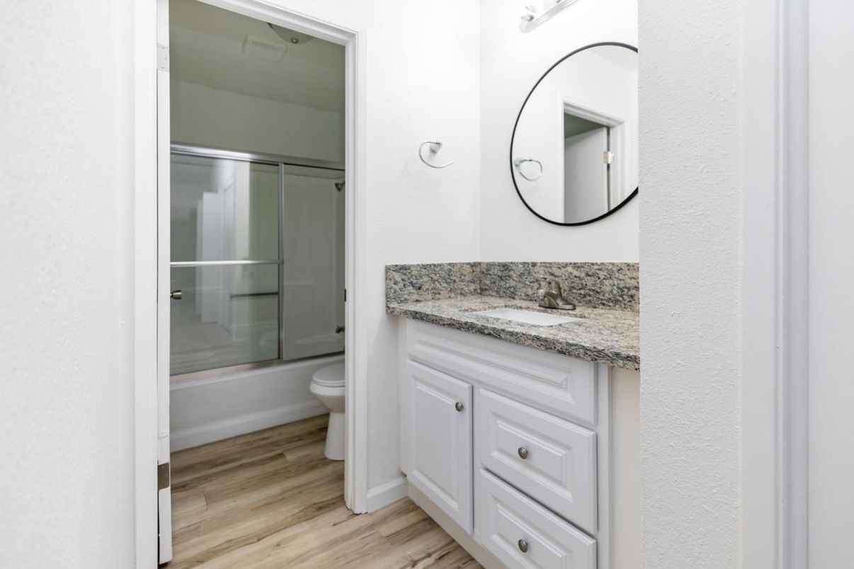 Bathroom, Glass Shower, Interior, Wood Texture Flooring