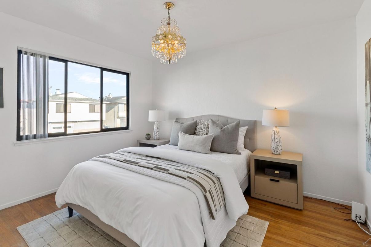 Bedroom, Chandelier, Interior, Wood Texture Flooring