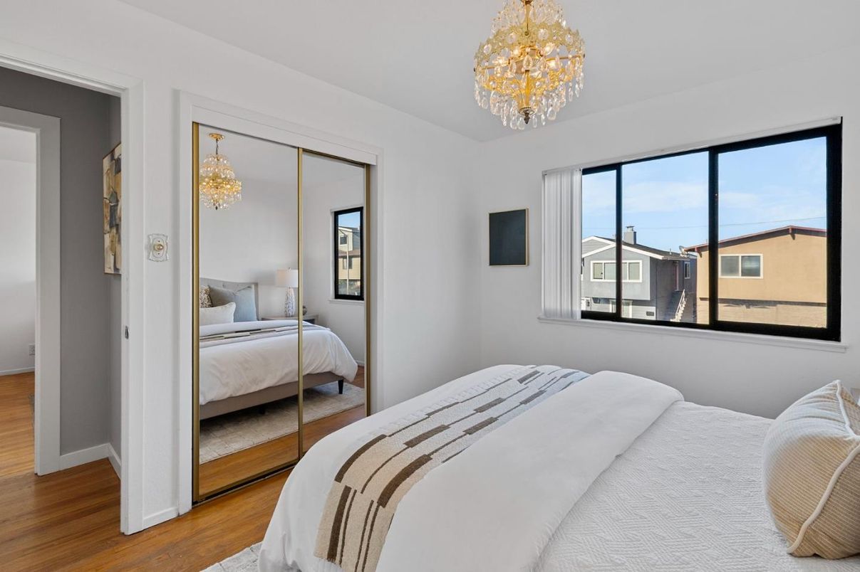 Bedroom, Chandelier, Interior, Wood Texture Flooring
