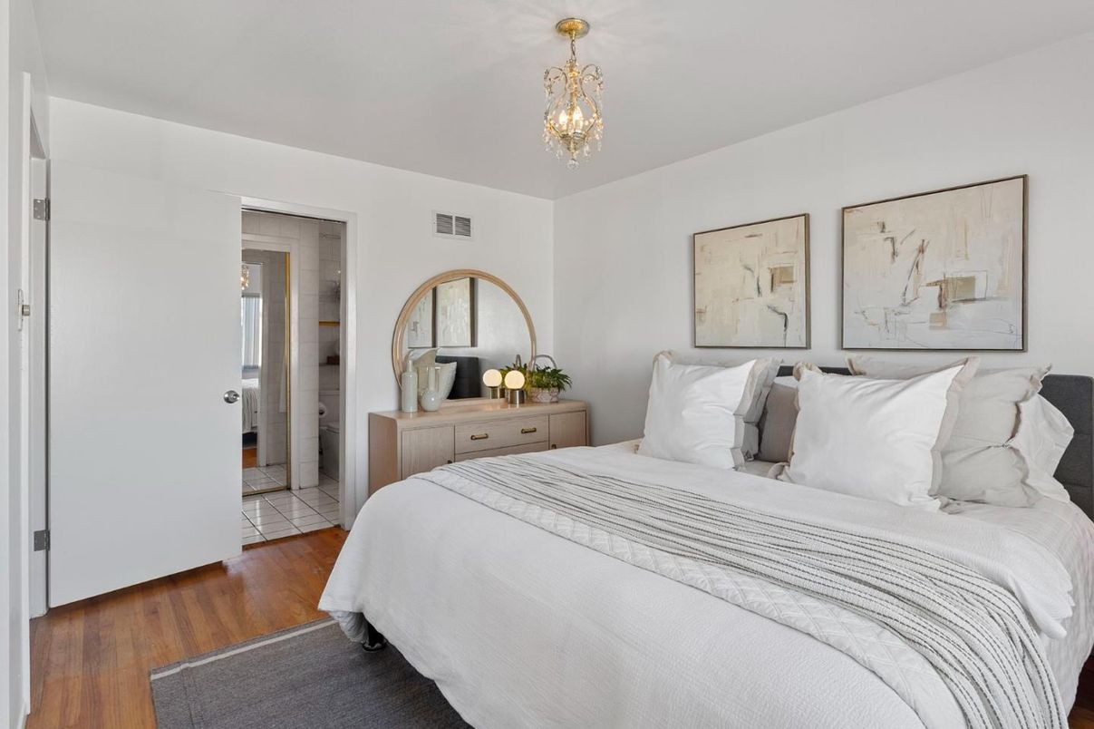 Bedroom, Chandelier, Interior, Wood Texture Flooring