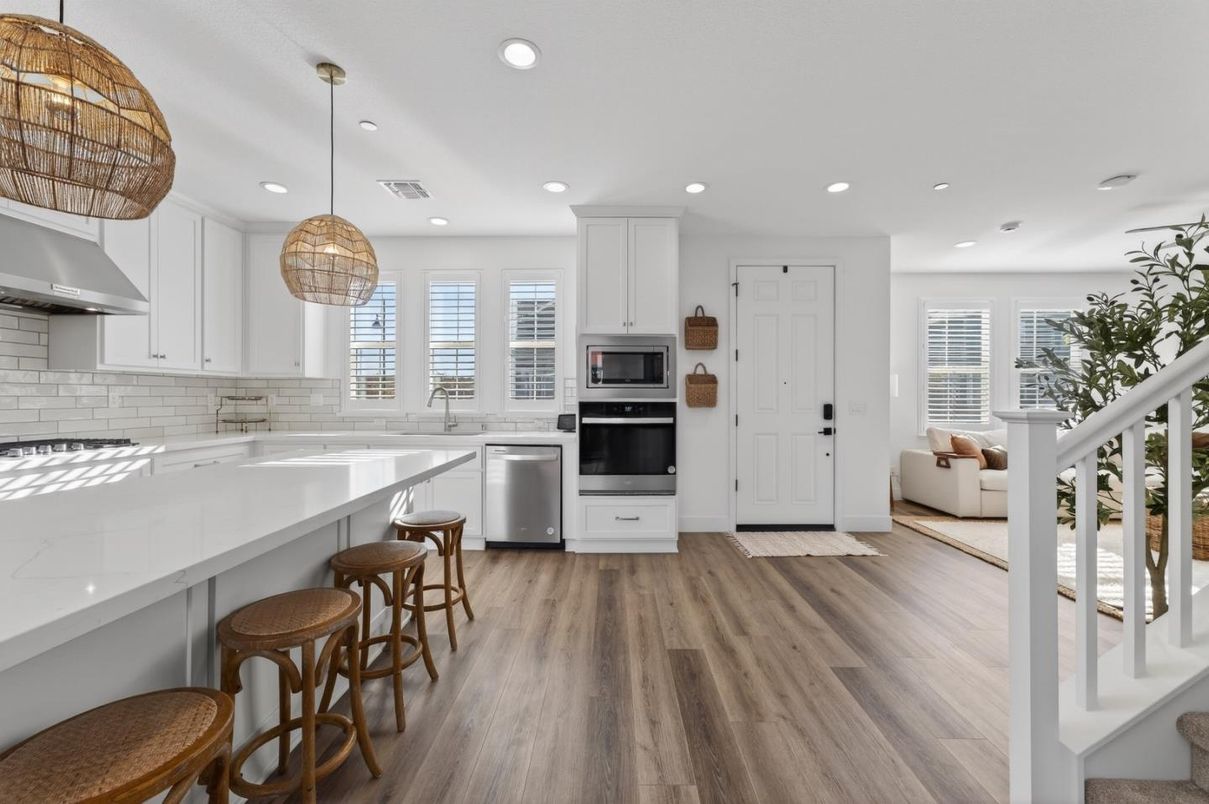 Interior, Kitchen, Pendant Lights, Recessed Lighting, Stainless Steel Appliances, Wood Texture Flooring