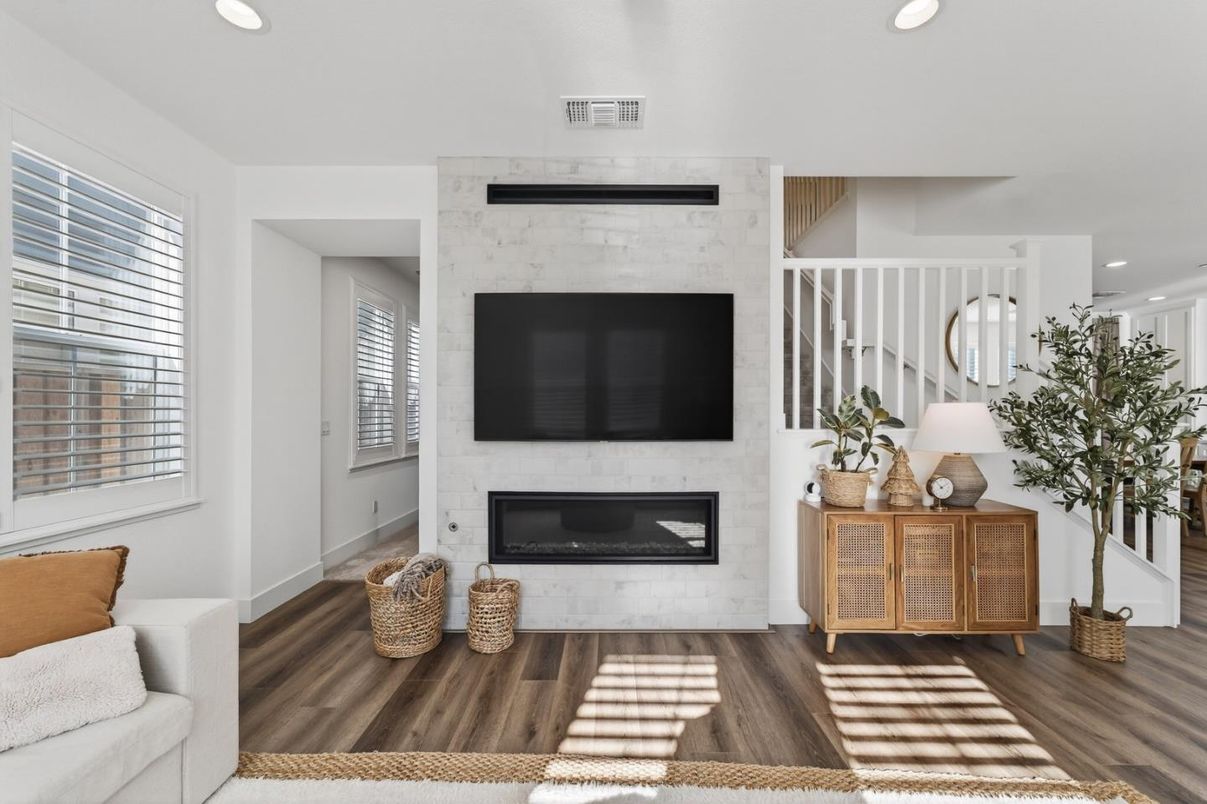 Fireplace, Interior, Recessed Lighting, Wood Texture Flooring