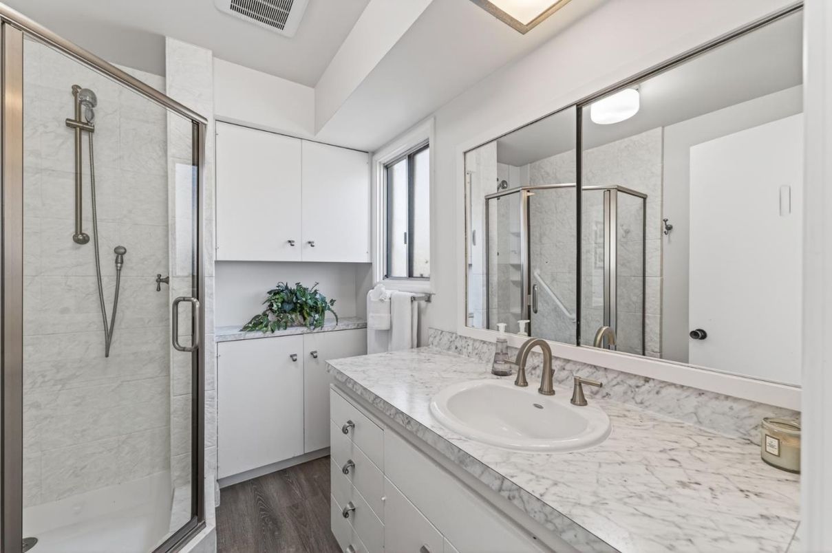 Bathroom, Glass Shower, Interior, Marble Walls, Wood Texture Flooring