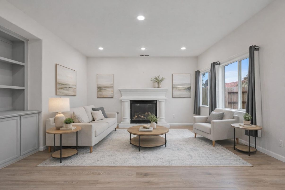 Fireplace, Interior, Living room, Recessed Lighting, Wood Texture Flooring