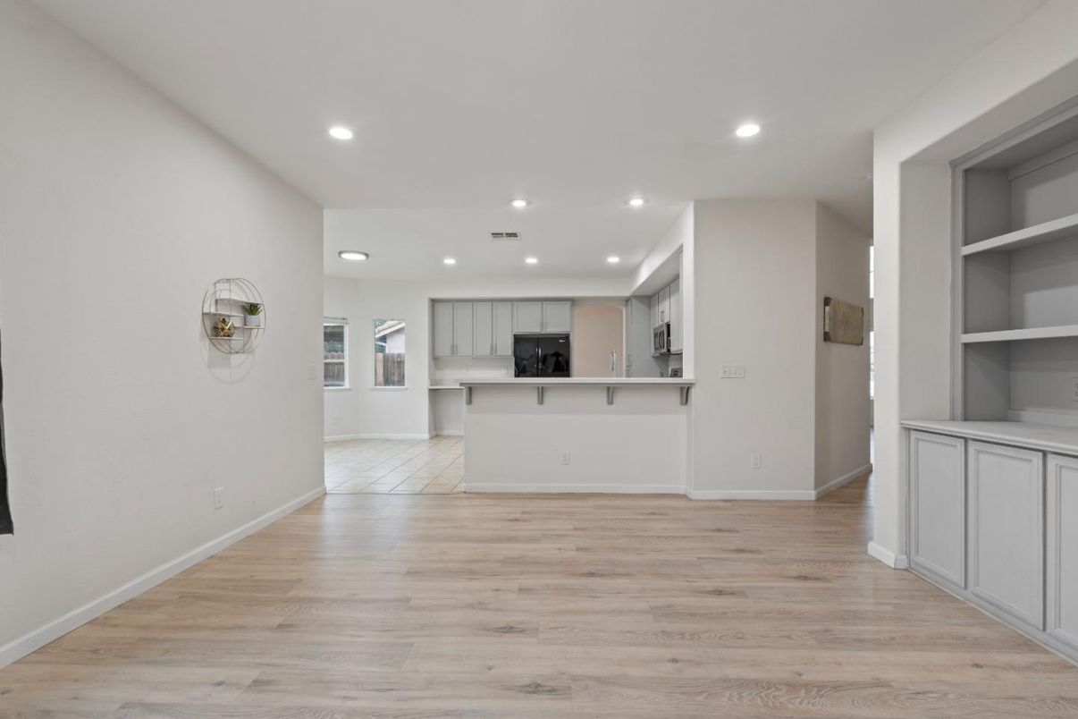 Empty room, Interior, Kitchen, Recessed Lighting, Wood Texture Flooring