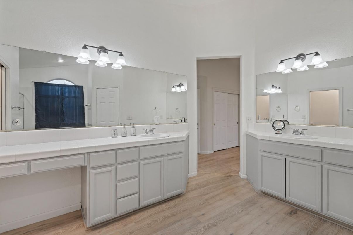 Bathroom, Dual Sink Vanities, Interior, Tile Countertops, Wood Texture Flooring