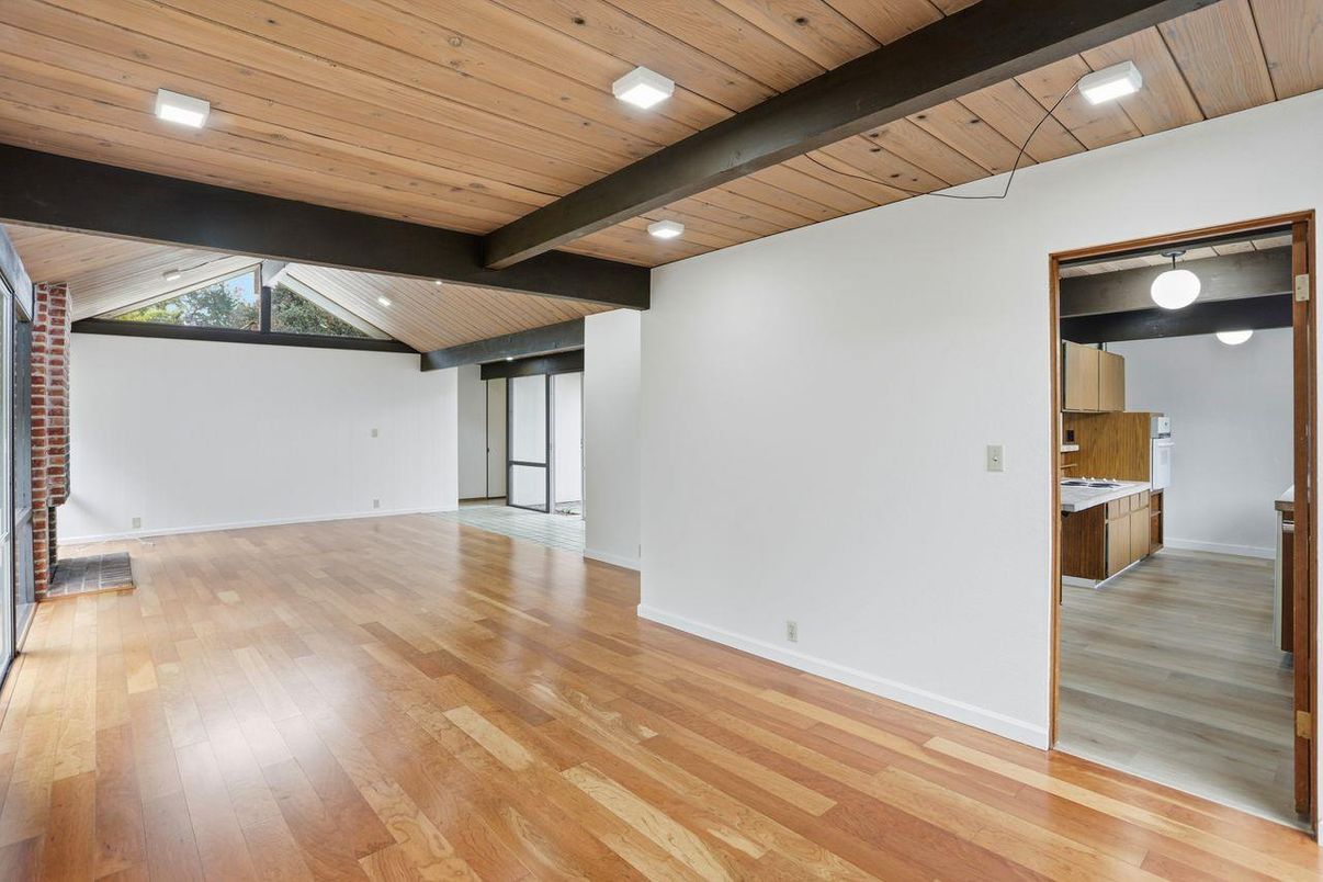 Empty room, Interior, Recessed Lighting, Wooden Beams, Wooden Ceilings, Wood Texture Flooring
