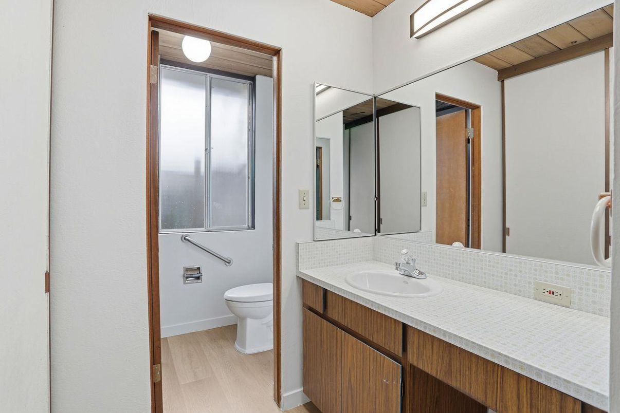 Bathroom, Interior, Tile Countertops, Wood Texture Flooring