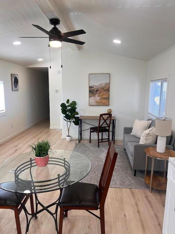 Dining room, Interior, Living room, Recessed Lighting, Wood Texture Flooring