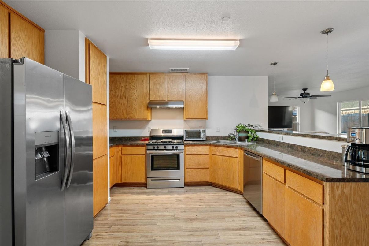 Interior, Kitchen, Pendant Lights, Stainless Steel Appliances, Wood Texture Flooring