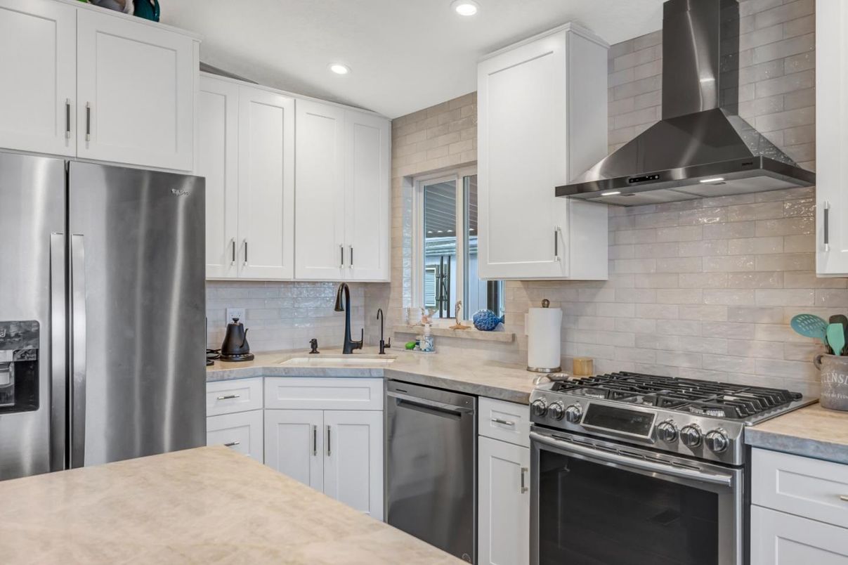 Interior, Kitchen, Recessed Lighting, Stainless Steel Appliances, Stone Walls