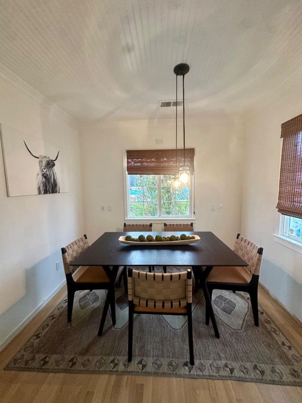 Dining room, Interior, Pendant Lights, Wood Texture Flooring