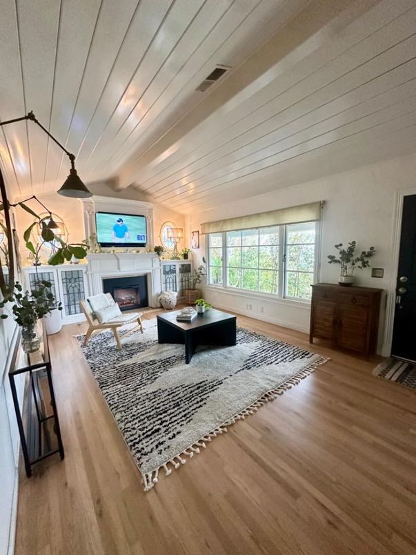 Fireplace, Interior, Living room, Pendant Lights, Wood Texture Flooring