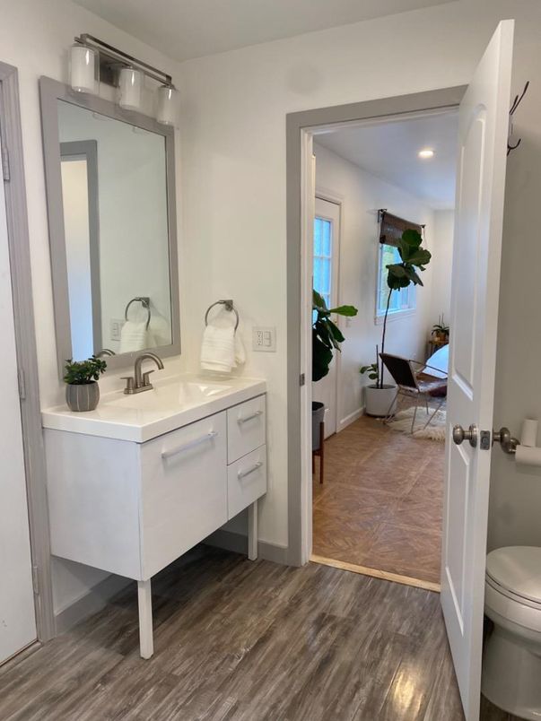 Bathroom, Interior, Recessed Lighting, Wood Texture Flooring