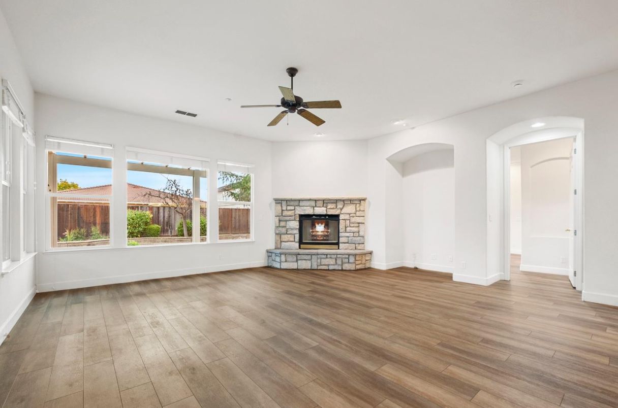 Empty room, Fireplace, Interior, Recessed Lighting, Wood Texture Flooring