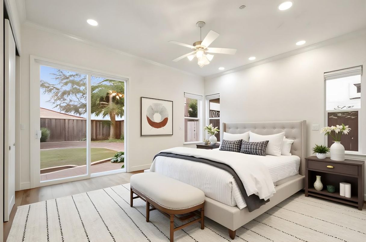 Bedroom, Interior, Recessed Lighting, Wood Texture Flooring