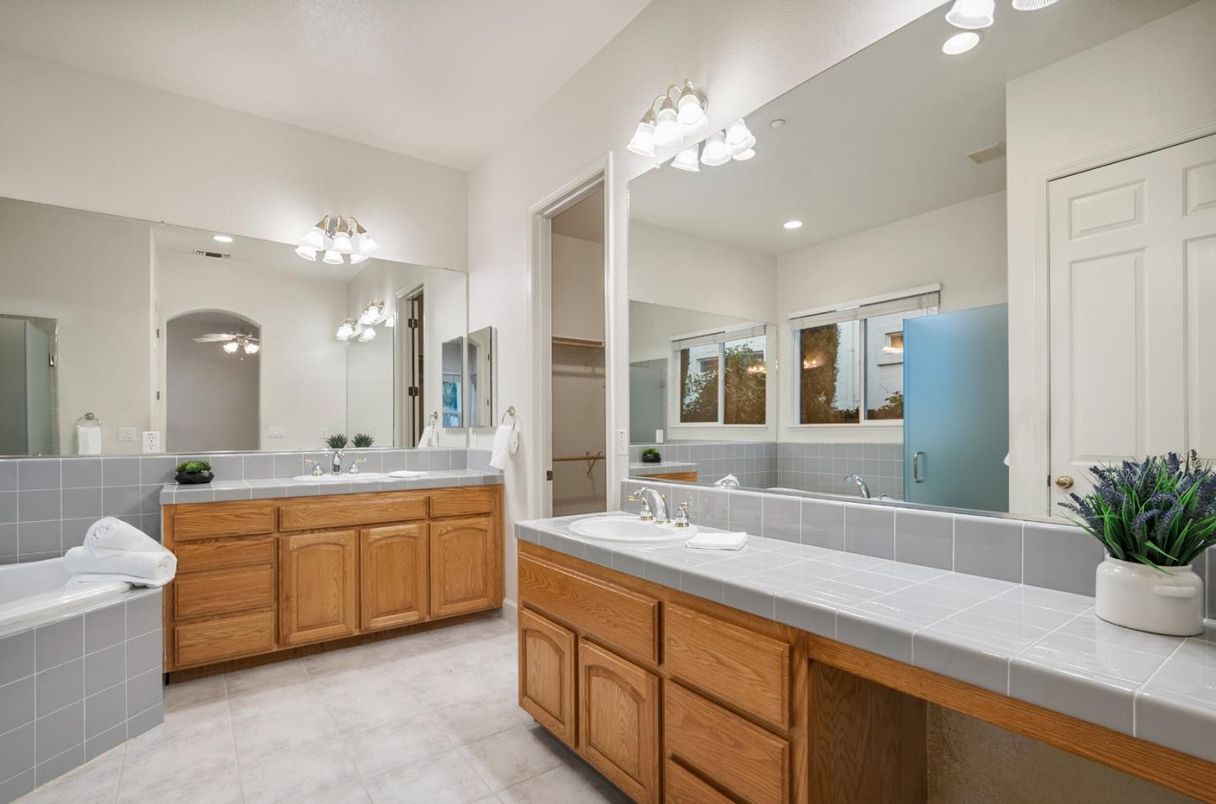 Bathroom, Dual Sink Vanities, Interior, Recessed Lighting, Tile Countertops